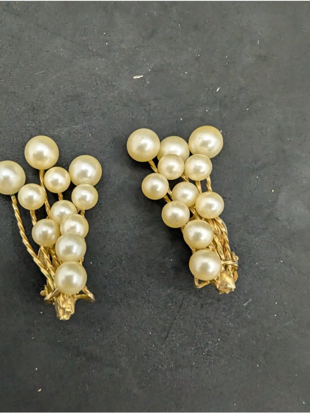 Vintage Gold Tone Faux Pearl Flower bouquet Clip on Earrings bridal 1.6"